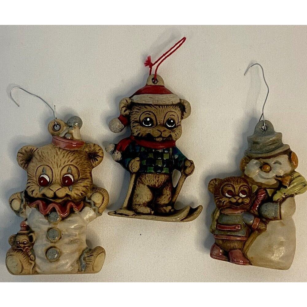 Lot of 3 Vintage Christmas Bear Ornaments Ceramic Ski Snowman Clown 80s